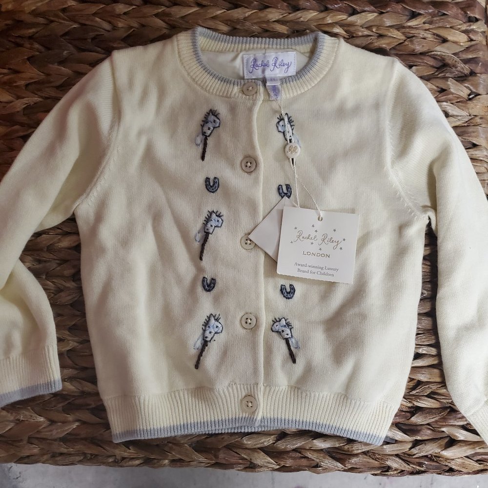 NWT Rachel Riley Girls Cardigan Sweater in a Pale Yellow with Stick Horses 2Y